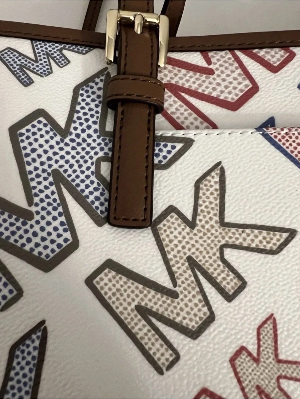 Michael Kors White Multi MK Logo Tote with Brown Trim